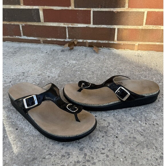 SAS Sanibel T-Strap Slide Sandal Size 8.5 Black Snake Print - Picture 1 of 8